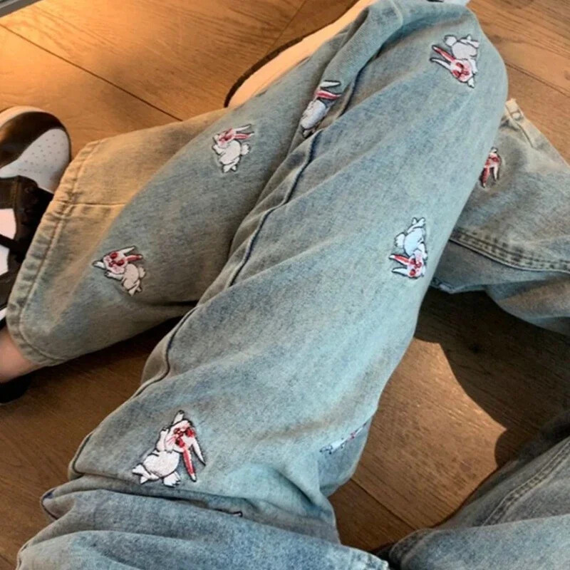 Taskutega Sinised kõrge vöökohaga püksid naistele Tikitud Sirge säärega püksid Naiste teksad Esteetilised suvised Jaapani Y2k