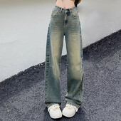 Traper hlače širokih nogavica visokog struka s nabranim dizajnom 2024. Novo proljeće, vintage ženske široke svestrane ravne traperice veličine XS-XL