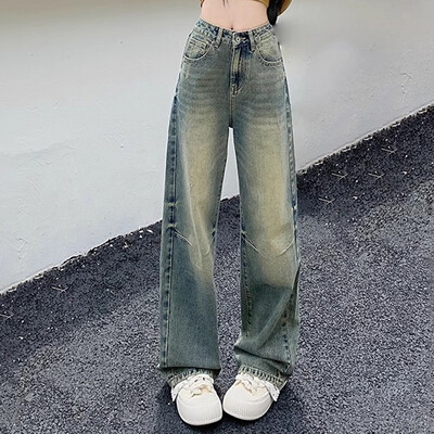 Traper hlače širokih nogavica visokog struka s nabranim dizajnom 2024. Novo proljeće, vintage ženske široke svestrane ravne traperice veličine XS-XL