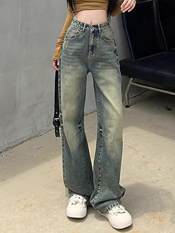 Traper hlače širokih nogavica visokog struka s nabranim dizajnom 2024. Novo proljeće, vintage ženske široke svestrane ravne traperice veličine XS-XL