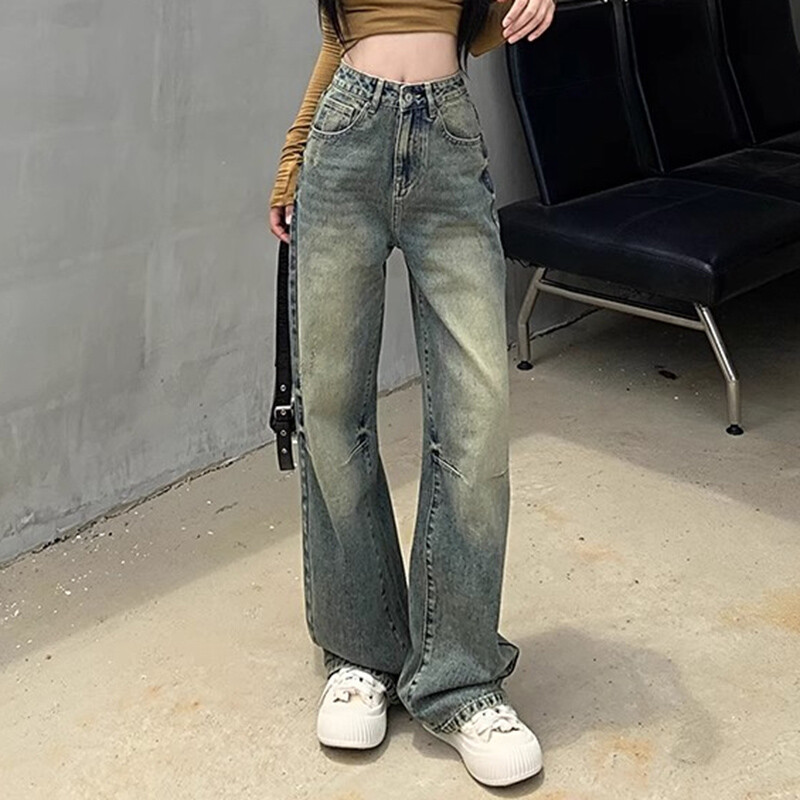 Traper hlače širokih nogavica visokog struka s nabranim dizajnom 2024. Novo proljeće, vintage ženske široke svestrane ravne traperice veličine XS-XL