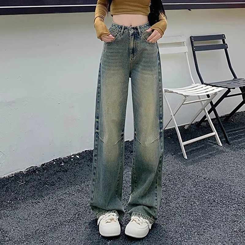 Traper hlače širokih nogavica visokog struka s nabranim dizajnom 2024. Novo proljeće, vintage ženske široke svestrane ravne traperice veličine XS-XL