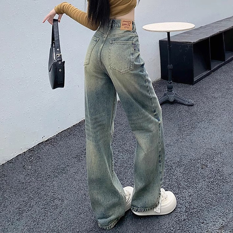 Traper hlače širokih nogavica visokog struka s nabranim dizajnom 2024. Novo proljeće, vintage ženske široke svestrane ravne traperice veličine XS-XL