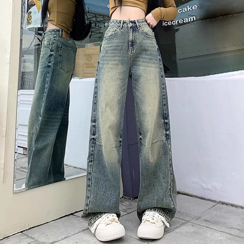 Traper hlače širokih nogavica visokog struka s nabranim dizajnom 2024. Novo proljeće, vintage ženske široke svestrane ravne traperice veličine XS-XL