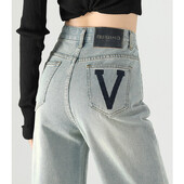 ITOOLIN Naiste vintage helesinine lahtised õhukesed teksad, nööbiga kõrge vöökohaga teksariidest laia säärega püksid, naiste kontoris sirged püksid 2024