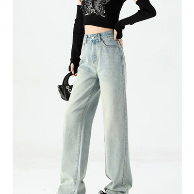 ITOOLIN Naiste vintage helesinine lahtised õhukesed teksad, nööbiga kõrge vöökohaga teksariidest laia säärega püksid, naiste kontoris sirged püksid 2024