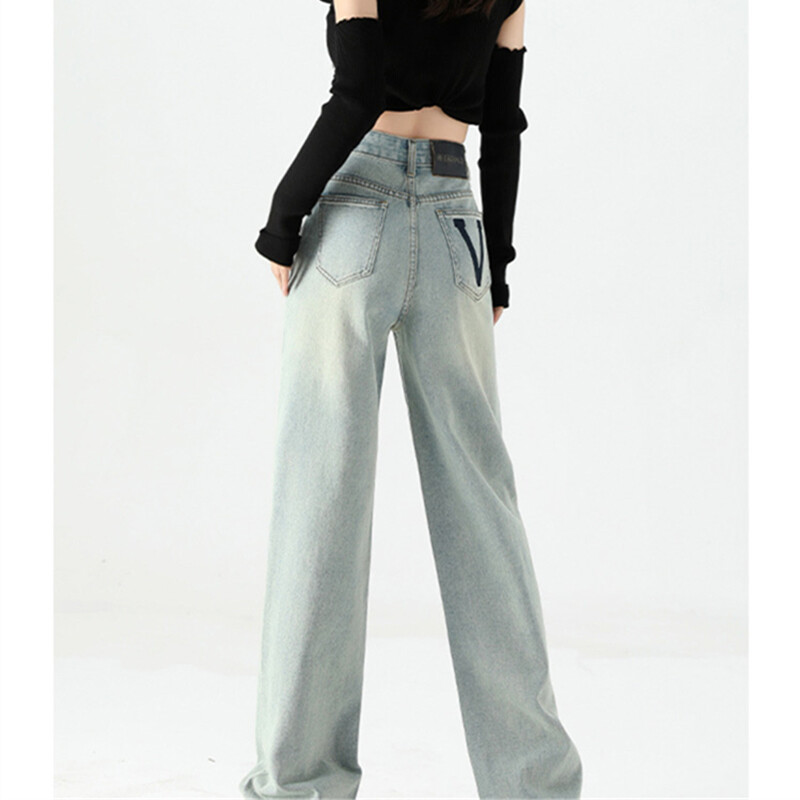 ITOOLIN Naiste vintage helesinine lahtised õhukesed teksad, nööbiga kõrge vöökohaga teksariidest laia säärega püksid, naiste kontoris sirged püksid 2024