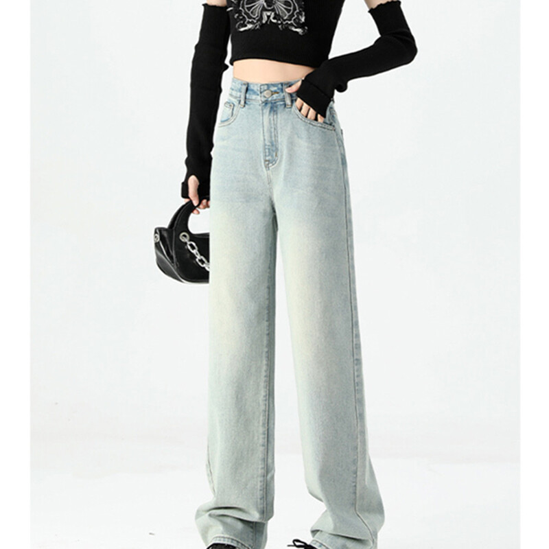 ITOOLIN Naiste vintage helesinine lahtised õhukesed teksad, nööbiga kõrge vöökohaga teksariidest laia säärega püksid, naiste kontoris sirged püksid 2024