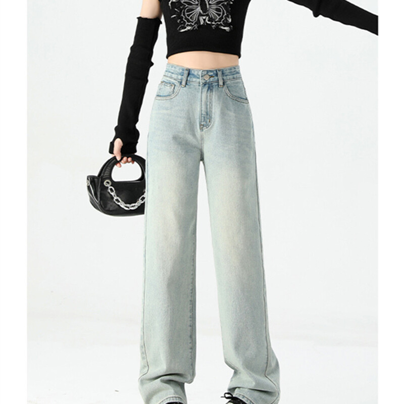 ITOOLIN Naiste vintage helesinine lahtised õhukesed teksad, nööbiga kõrge vöökohaga teksariidest laia säärega püksid, naiste kontoris sirged püksid 2024