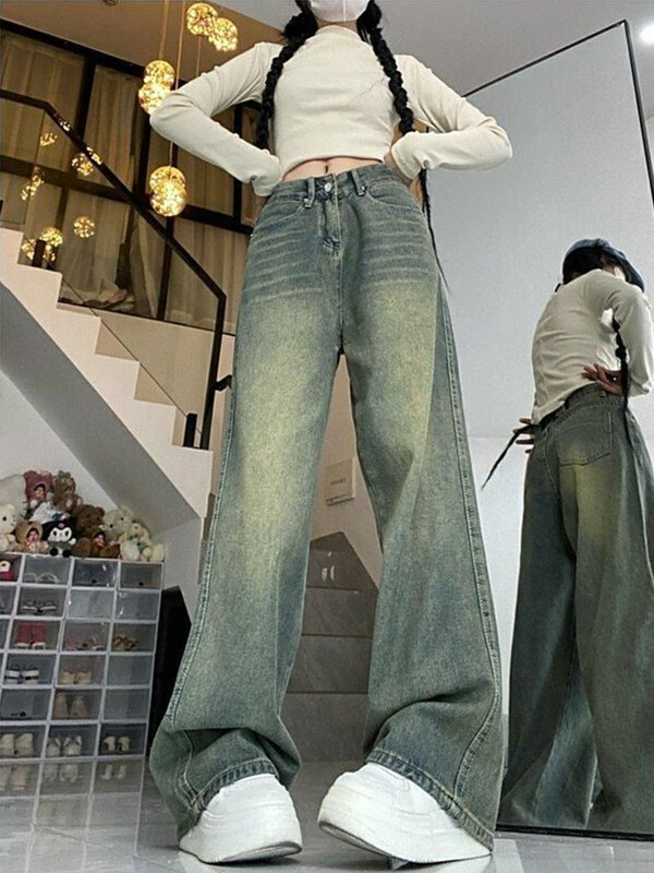 Deeptown Y2k широки широки дънки с широки крачоли Дамски ретро улични изпрани дънкови панталони Grunge Basic Slouchy Blue Trousers Femme Spring