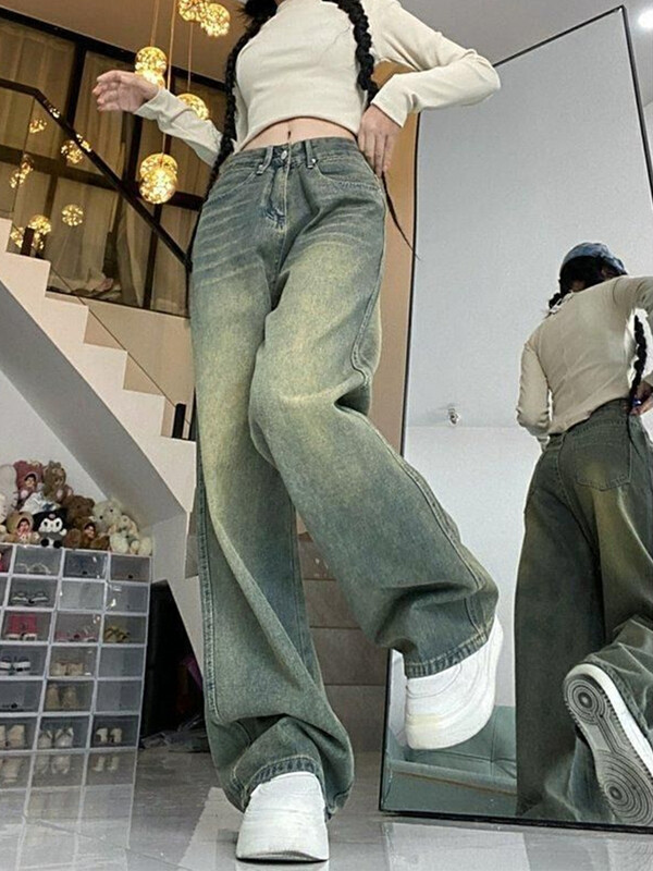 Deeptown Y2k широки широки дънки с широки крачоли Дамски ретро улични изпрани дънкови панталони Grunge Basic Slouchy Blue Trousers Femme Spring