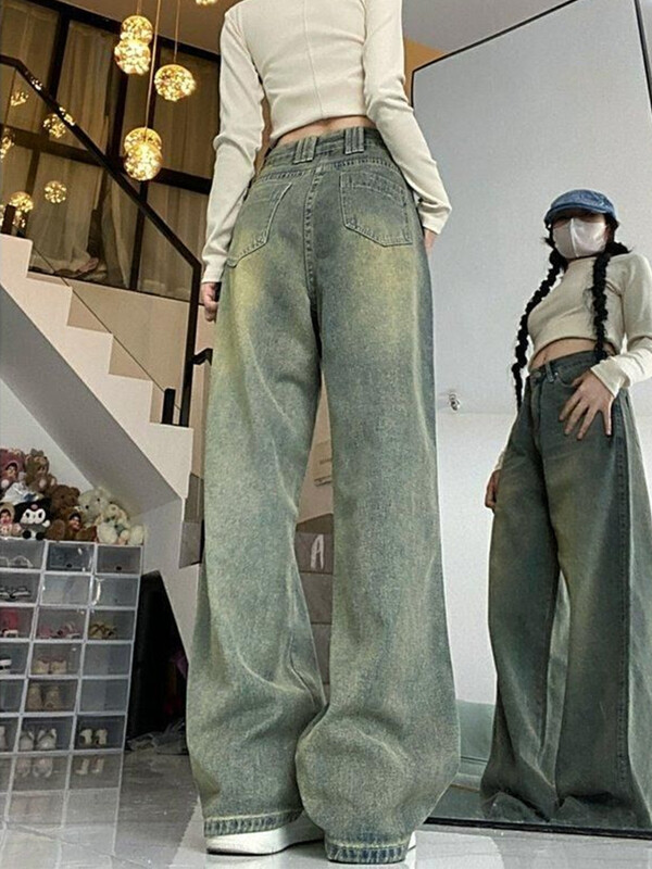 Deeptown Y2k широки широки дънки с широки крачоли Дамски ретро улични изпрани дънкови панталони Grunge Basic Slouchy Blue Trousers Femme Spring