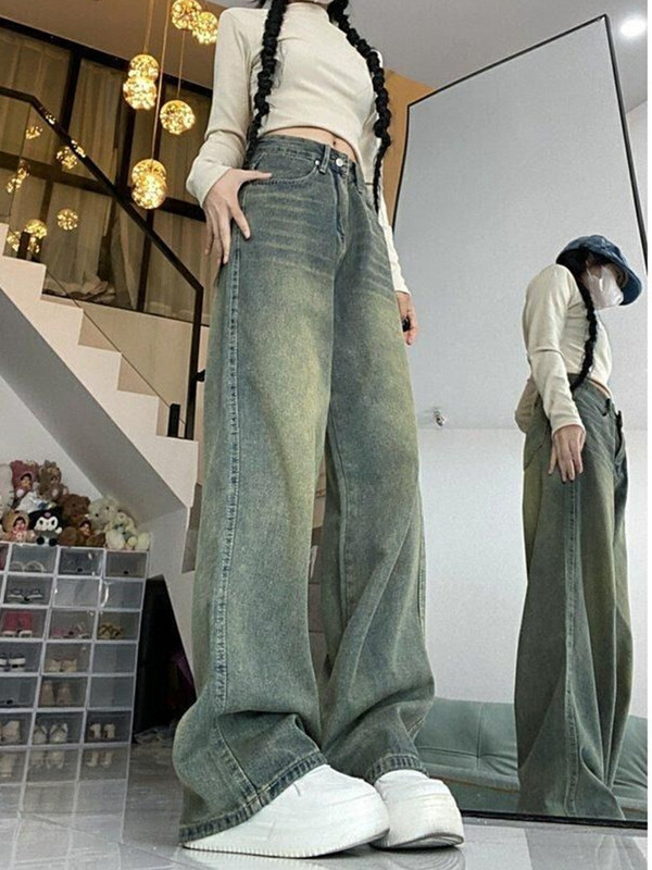 Deeptown Y2k широки широки дънки с широки крачоли Дамски ретро улични изпрани дънкови панталони Grunge Basic Slouchy Blue Trousers Femme Spring