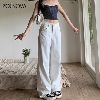 ZOENOVA Υψηλής ποιότητας Off White Ευέλικτο ίσιο γυναικείο τζιν Καλοκαιρινή μόδα Cool κορίτσια Απλό κομψό φαρδύ παντελόνι