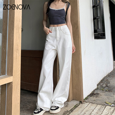 ZOENOVA Visokokvalitetne smeđe bijele svestrane ravne ženske traperice Ljetna moda Cool Girls Jednostavne, elegantne široke široke hlače