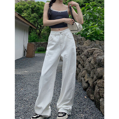 ZOENOVA Visokokvalitetne smeđe bijele svestrane ravne ženske traperice Ljetna moda Cool Girls Jednostavne, elegantne široke široke hlače