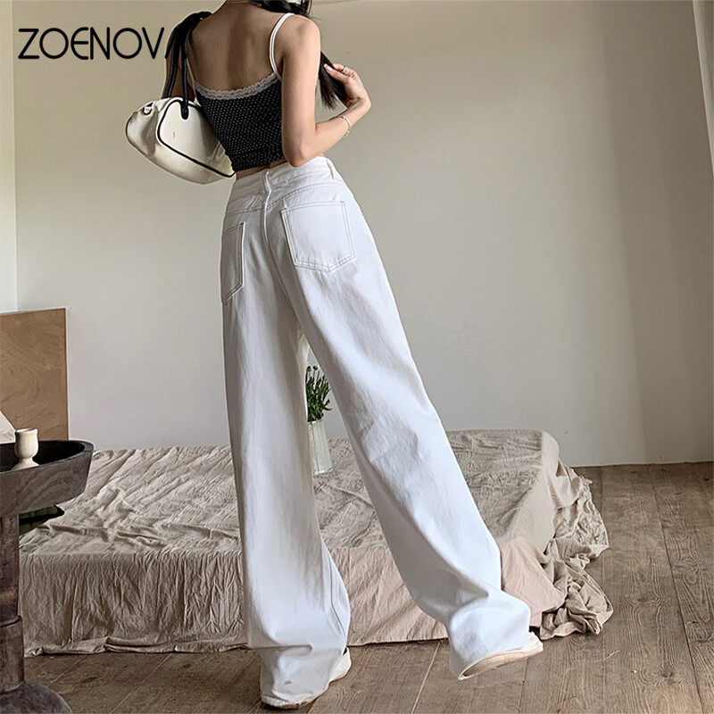 ZOENOVA Visokokvalitetne smeđe bijele svestrane ravne ženske traperice Ljetna moda Cool Girls Jednostavne, elegantne široke široke hlače