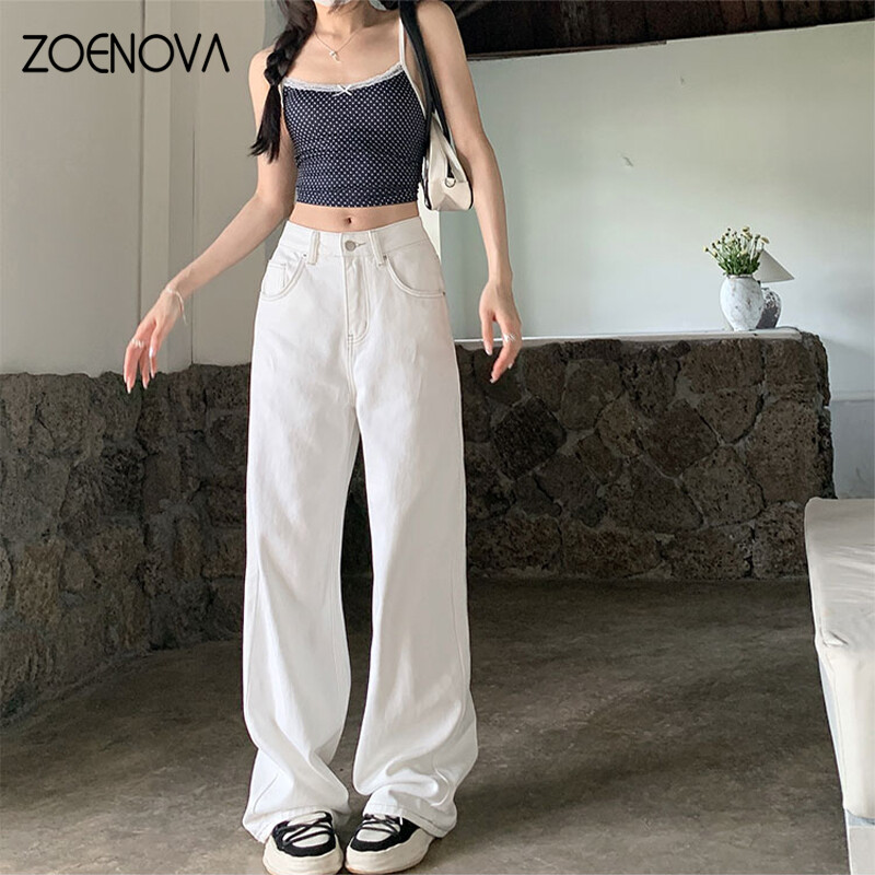 ZOENOVA Visokokvalitetne smeđe bijele svestrane ravne ženske traperice Ljetna moda Cool Girls Jednostavne, elegantne široke široke hlače
