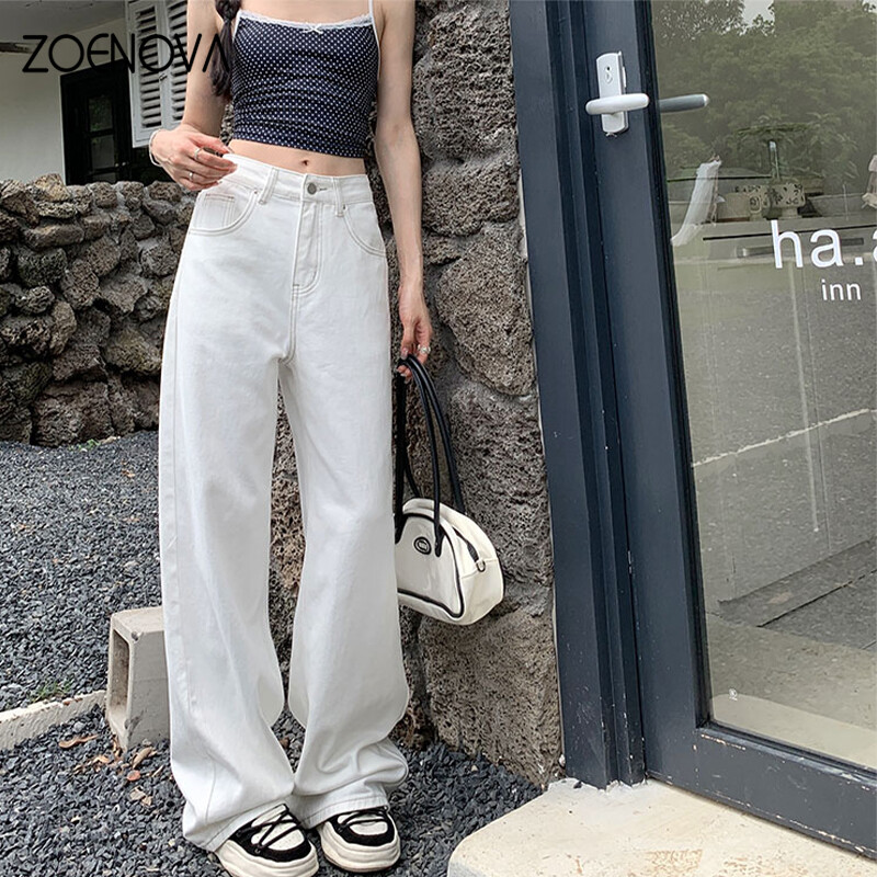 ZOENOVA Visokokvalitetne smeđe bijele svestrane ravne ženske traperice Ljetna moda Cool Girls Jednostavne, elegantne široke široke hlače