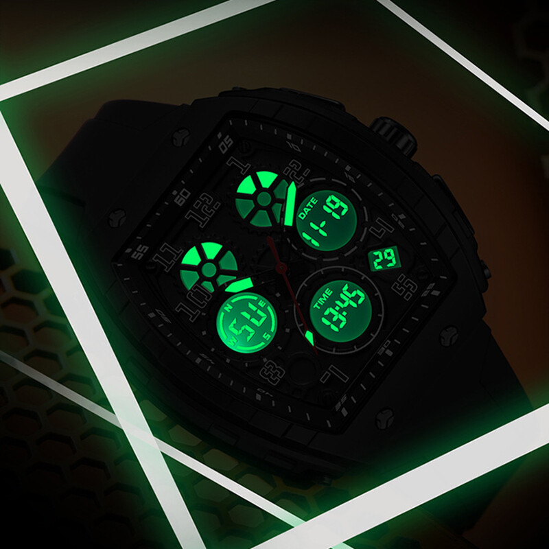 Muški sportski digitalni ručni satovi za muškarce sat s dva zaslona Man Tonneau satovi kronograf svjetleći silikonski remen Dropship