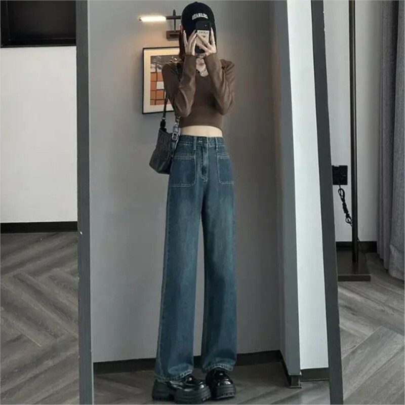 Four Seasons Wide-leg τζιν Γυναικεία Άνοιξη Φθινόπωρο Νέο Ψηλόμεσο Παντελόνι Χαλαρό Αδυνατιστικό ίσιο σωληνοειδές παντελόνι για σφουγγαρίστρα Γυναικεία