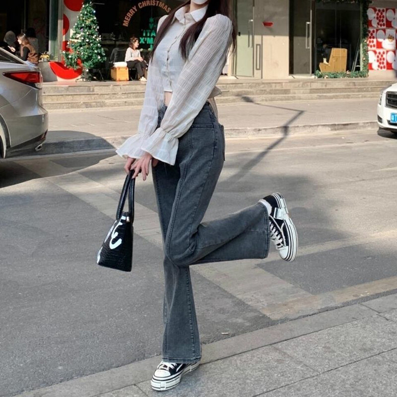 Vintage široke traperice visokog struka High Street ženske traper hlače s čizmama uske široke korejske ležerne sive hlače s patentnim zatvaračima