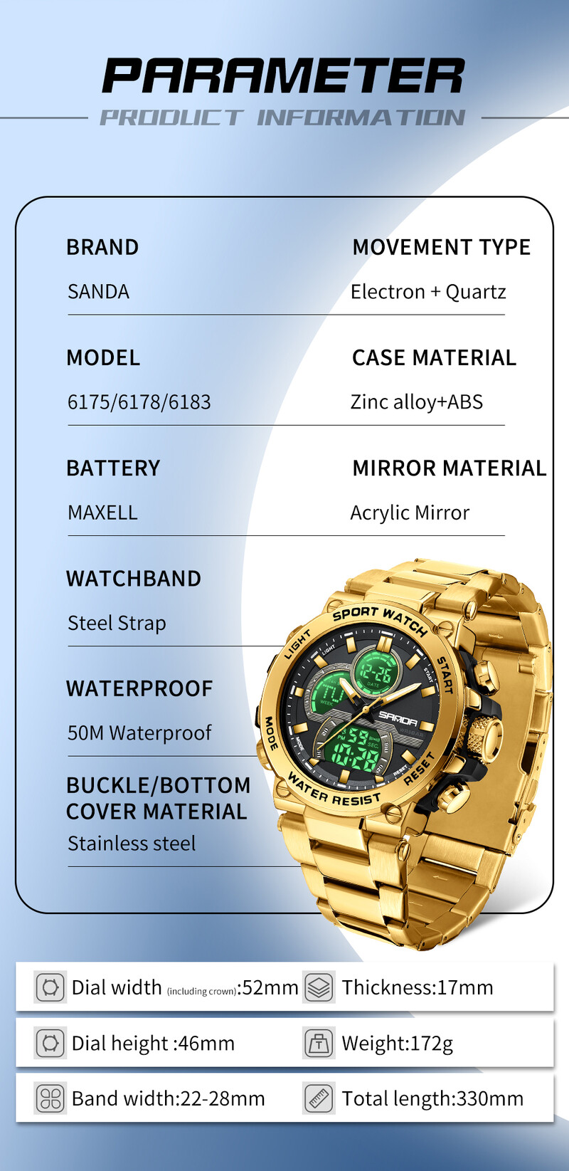 SANDA Ψηφιακό ρολόι LED Ανδρικό ρολόι χειρός Military Sport Quartz Κορυφαία μάρκα Πολυτελές χρονόμετρο αδιάβροχο ανδρικό ηλεκτρονικό ρολόι 6175