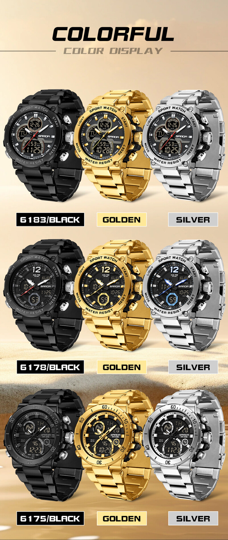 SANDA Ψηφιακό ρολόι LED Ανδρικό ρολόι χειρός Military Sport Quartz Κορυφαία μάρκα Πολυτελές χρονόμετρο αδιάβροχο ανδρικό ηλεκτρονικό ρολόι 6175