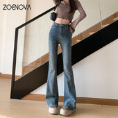ZOENOVA Jednobojne lepršave hlače visokog struka, rastezljive, uske svestrane traperice, ženske nove korejske ulične modne 2024. jednostavne traper hlače