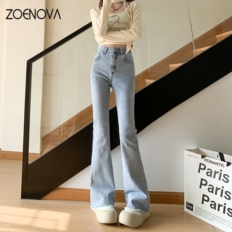 ZOENOVA Jednobojne lepršave hlače visokog struka, rastezljive, uske svestrane traperice, ženske nove korejske ulične modne 2024. jednostavne traper hlače