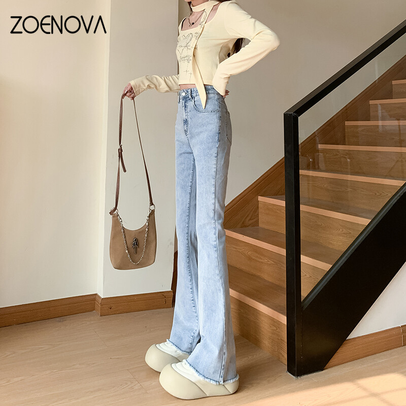 ZOENOVA Jednobojne lepršave hlače visokog struka, rastezljive, uske svestrane traperice, ženske nove korejske ulične modne 2024. jednostavne traper hlače