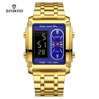BINBOND modni muški kreativni kvarcni elektronski sat s čeličnom trakom s dva mehanizma i višenamjenski vodootporan muški poslovni sat