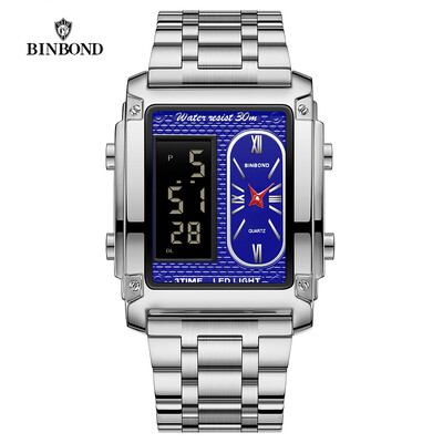 BINBOND modni muški kreativni kvarcni elektronski sat s čeličnom trakom s dva mehanizma i višenamjenski vodootporan muški poslovni sat