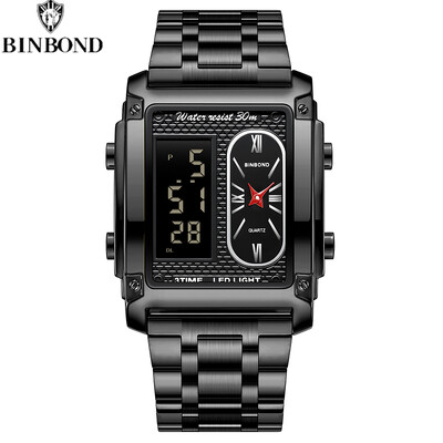 BINBOND modni muški kreativni kvarcni elektronski sat s čeličnom trakom s dva mehanizma i višenamjenski vodootporan muški poslovni sat