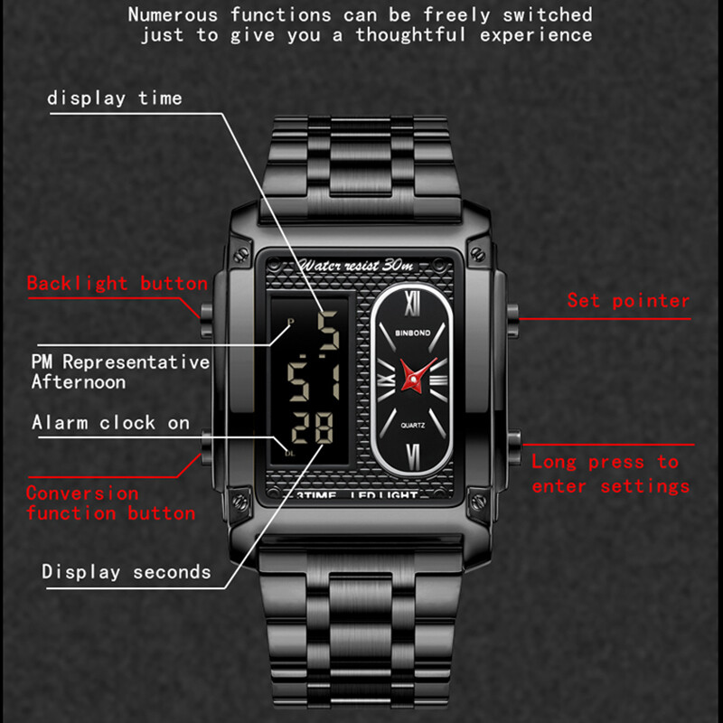 BINBOND modni muški kreativni kvarcni elektronski sat s čeličnom trakom s dva mehanizma i višenamjenski vodootporan muški poslovni sat