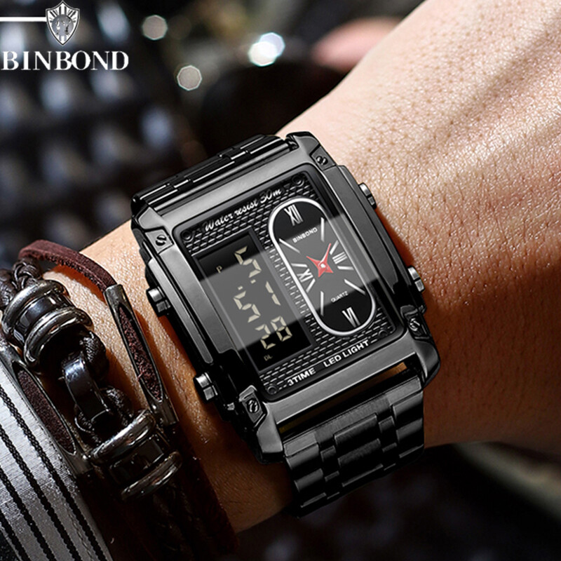 BINBOND modni muški kreativni kvarcni elektronski sat s čeličnom trakom s dva mehanizma i višenamjenski vodootporan muški poslovni sat