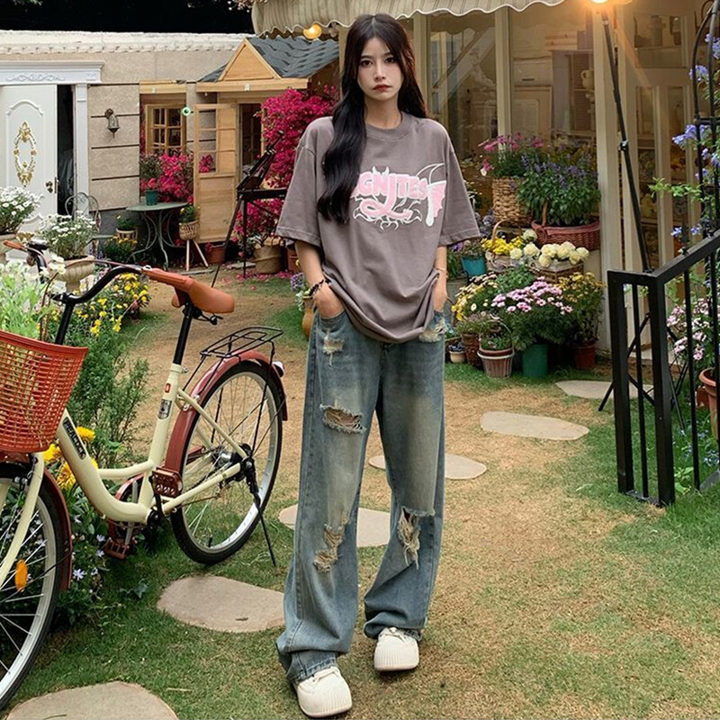 Američke retro traperice s probušenim rupama Ženske hlače visokog struka s ravnim preponama Labavi uski dizajn High-street vibe Hlače na vuču širokih nogavica