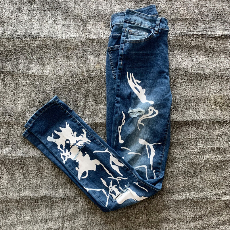 Ljetne modne Y2K retro traperice s poderanim rupama Ženske uske plave traper hlače s printom visokog struka, uske elastične hlače