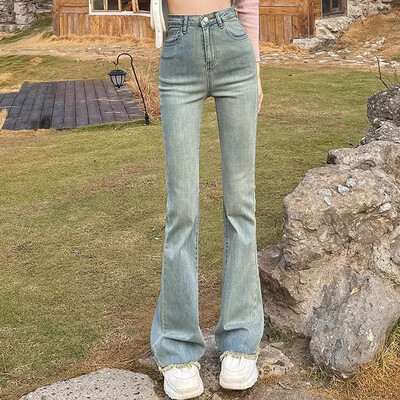 Naiste kõrge vöökohaga disainer Denim Bell Bottom Teksad Lady Trashy Y2k 2000s Flare Püksid Tüdrukud Sinised Must Hallid Punk Boot Cut püksid