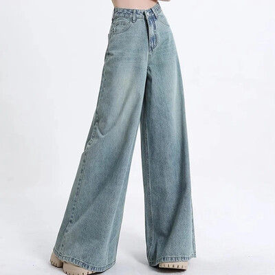 Femei punk anii 90 vintage blugi cu picioare largi Fete talie înaltă pantaloni coreeani pantaloni din denim cu picioare drepte Pantaloni largi albastru deschis pentru femei