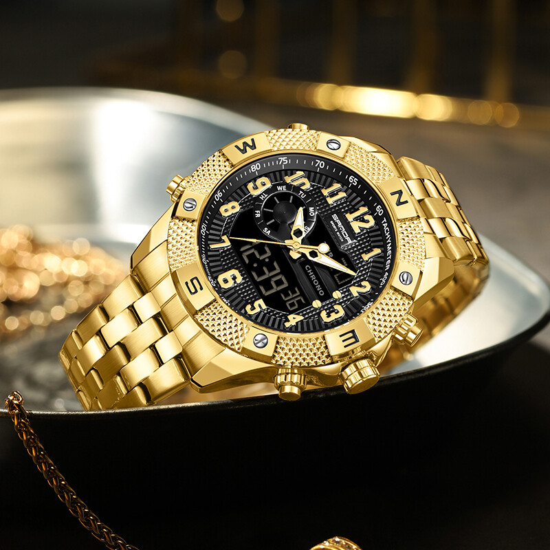 Ανδρικό αθλητικό ρολόι τύπου SANDA G από ανοξείδωτο ατσάλι διπλής οθόνης Quartz Αδιάβροχο Ψηφιακό ηλεκτρονικό ρολόι καρπού Chronograph LED