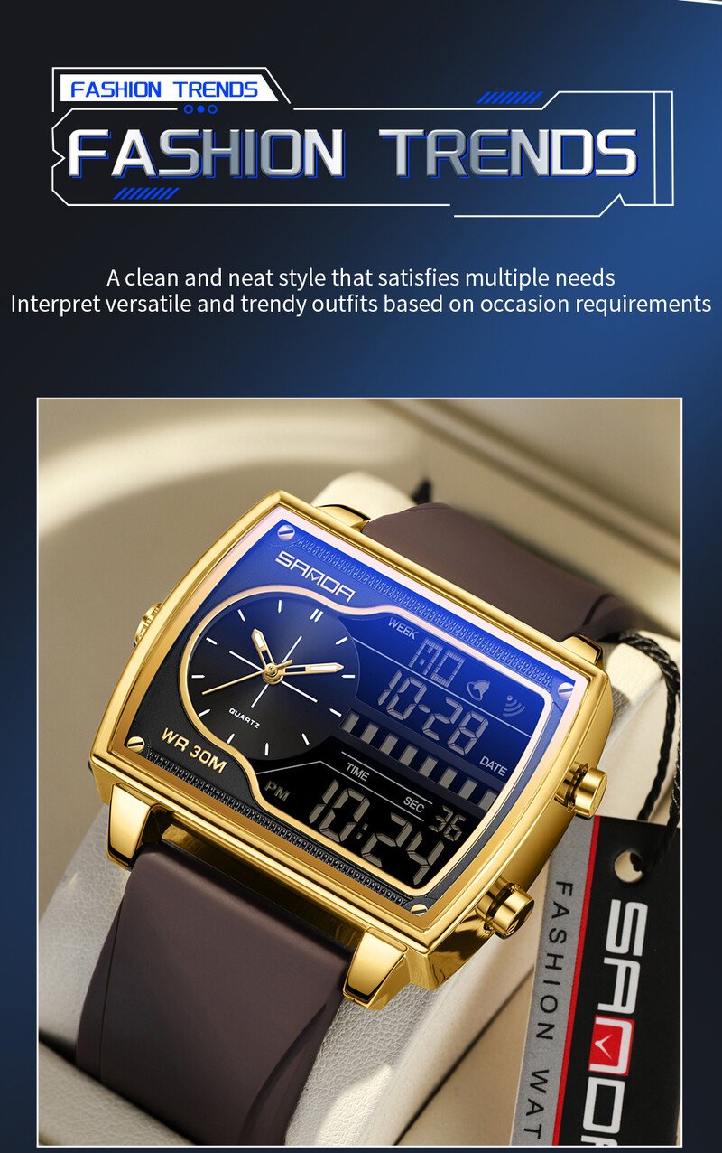 SANDA 6163 muški kvarcni elektronski sat s dva zaslona vodootporan odbrojavanje kvarcni čelik/koža/guma remen za sat muški sat