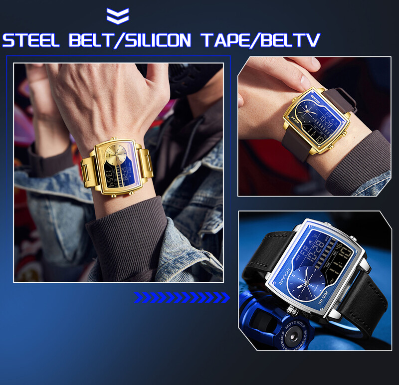 SANDA 6163 muški kvarcni elektronski sat s dva zaslona vodootporan odbrojavanje kvarcni čelik/koža/guma remen za sat muški sat