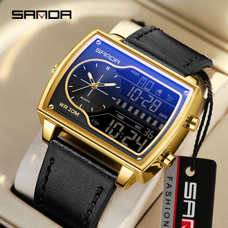 SANDA 6163 muški kvarcni elektronski sat s dva zaslona vodootporan odbrojavanje kvarcni čelik/koža/guma remen za sat muški sat