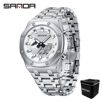 Sanda 3357 Novi elektronički sat s ručnim svjetlom za podizanje s čeličnom trakom Trendovski i cool muški višenamjenski elektronički sat