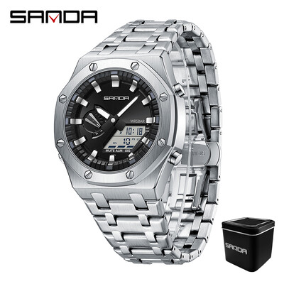 Sanda 3357 Novi elektronički sat s ručnim svjetlom za podizanje s čeličnom trakom Trendovski i cool muški višenamjenski elektronički sat