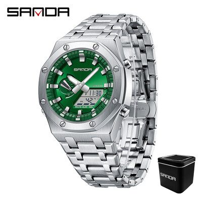 Sanda 3357 Novi elektronički sat s ručnim svjetlom za podizanje s čeličnom trakom Trendovski i cool muški višenamjenski elektronički sat