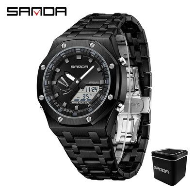 Sanda 3357 Novi elektronički sat s ručnim svjetlom za podizanje s čeličnom trakom Trendovski i cool muški višenamjenski elektronički sat