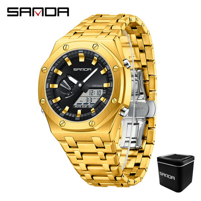 Sanda 3357 Novi elektronički sat s ručnim svjetlom za podizanje s čeličnom trakom Trendovski i cool muški višenamjenski elektronički sat
