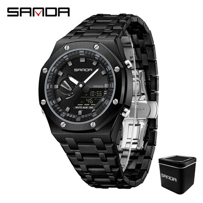 Sanda 3357 Novi elektronički sat s ručnim svjetlom za podizanje s čeličnom trakom Trendovski i cool muški višenamjenski elektronički sat
